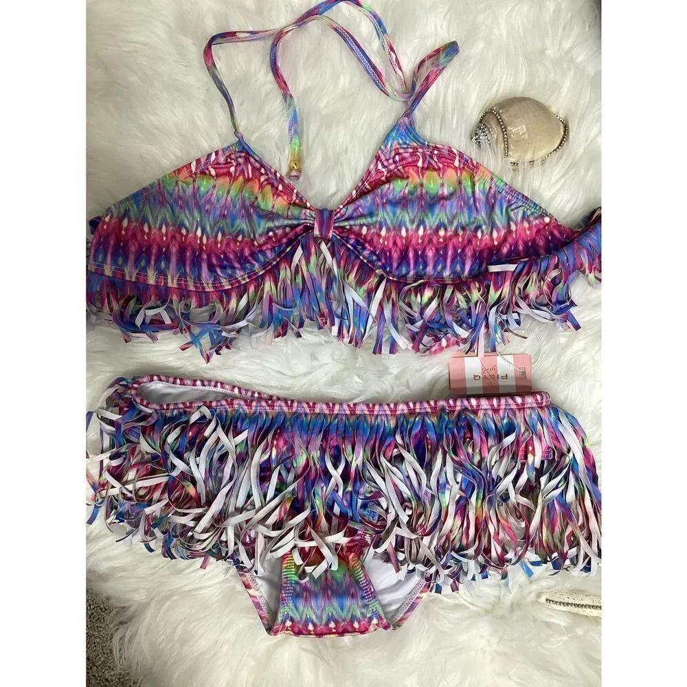New. Multicolored fringe skirt bikini. Size 16